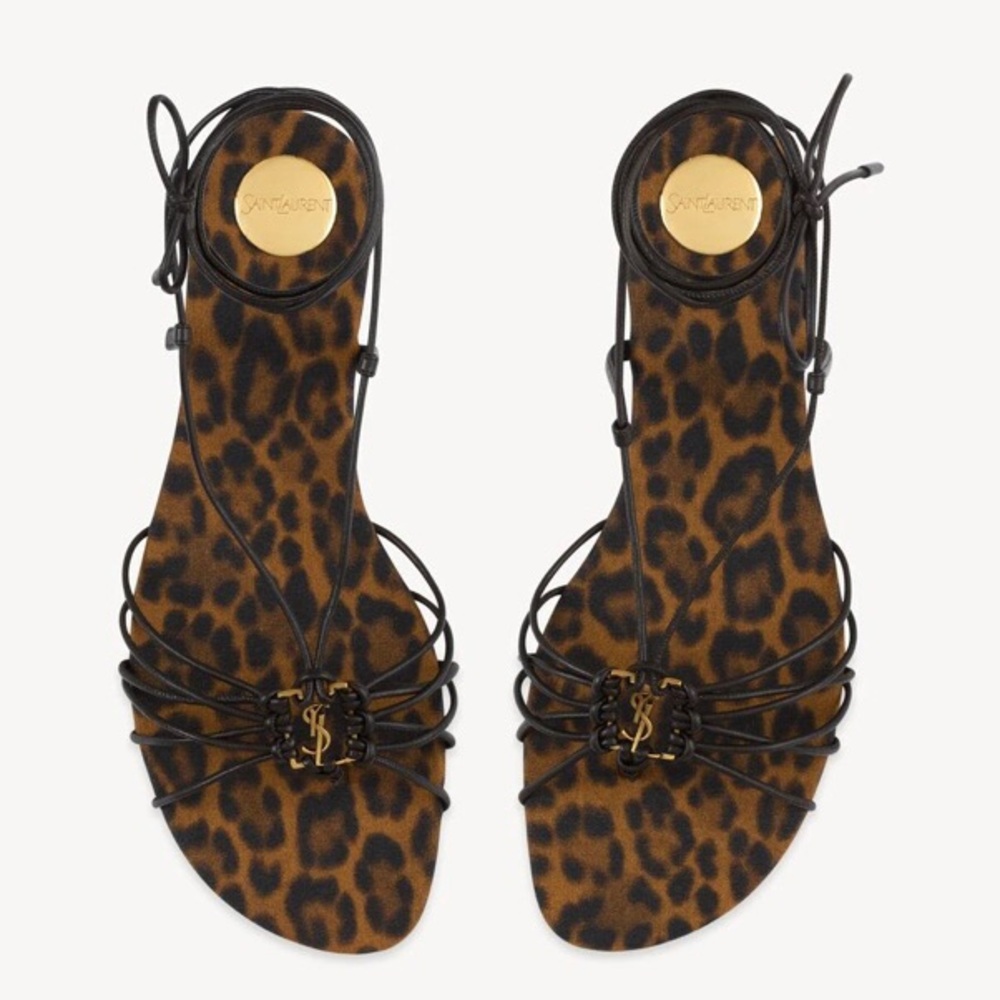 SAINT LAURENT Babylone YSL logo ankle strap leopard sandals - Picture 2 of 6